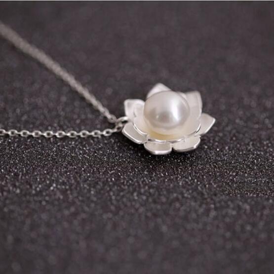 Joyería de Plata de Ley 925 Collares de Perlas y Flor de Loto Venta Caliente Joyería de Plata Pura para Mujer