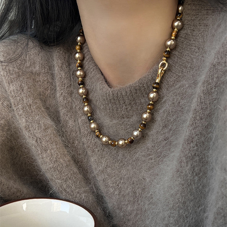Braune Tigerauge Perlenkette Herbst Und Winter Leichte Luxus Nische Pulloverkette Damen Mode Schmuck