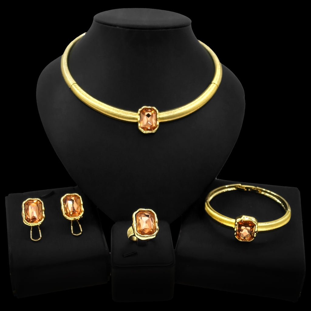Farbblock-Halskette, Ohrringe, Armband, Ring, vierteiliges Schmuckset