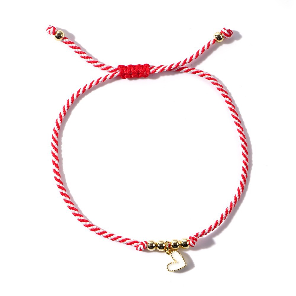 Pulsera de Cobre con Cuentas de Cobre Gota de Aceite, Corazón de Melocotón Rojo y Blanco con Cuerda