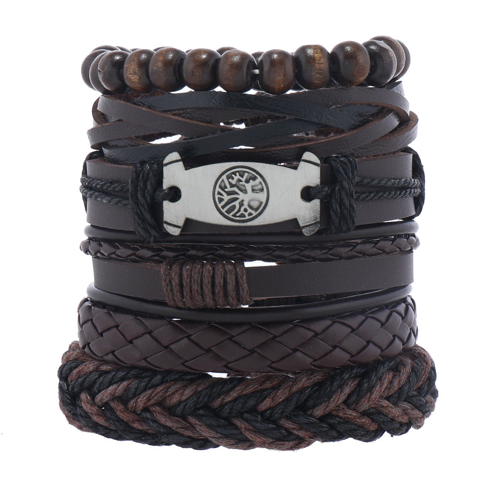 European And American Men's Vintage Weave Multi-layer Leather Bracelet Lucky Tree Series Six-piece Set