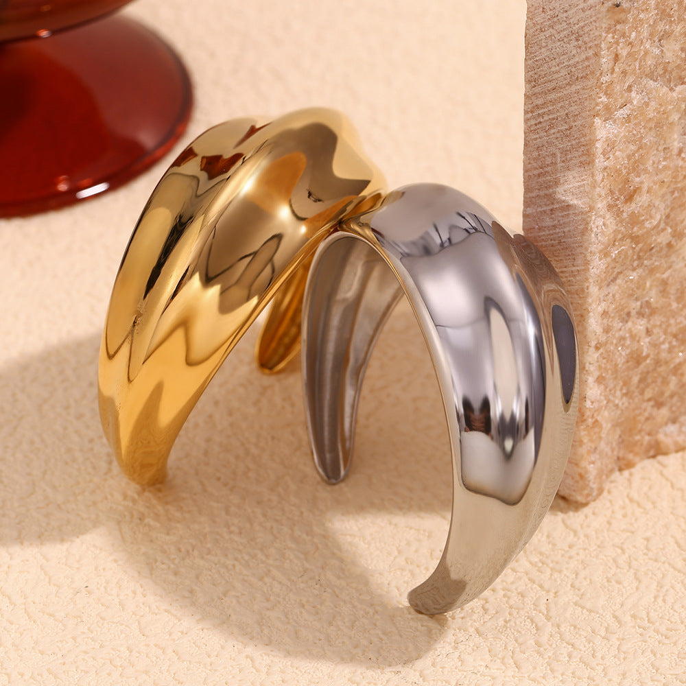 Stainless Steel 18K Gold Plating Concave-convex Curved Surface Smooth Opening Bracelet