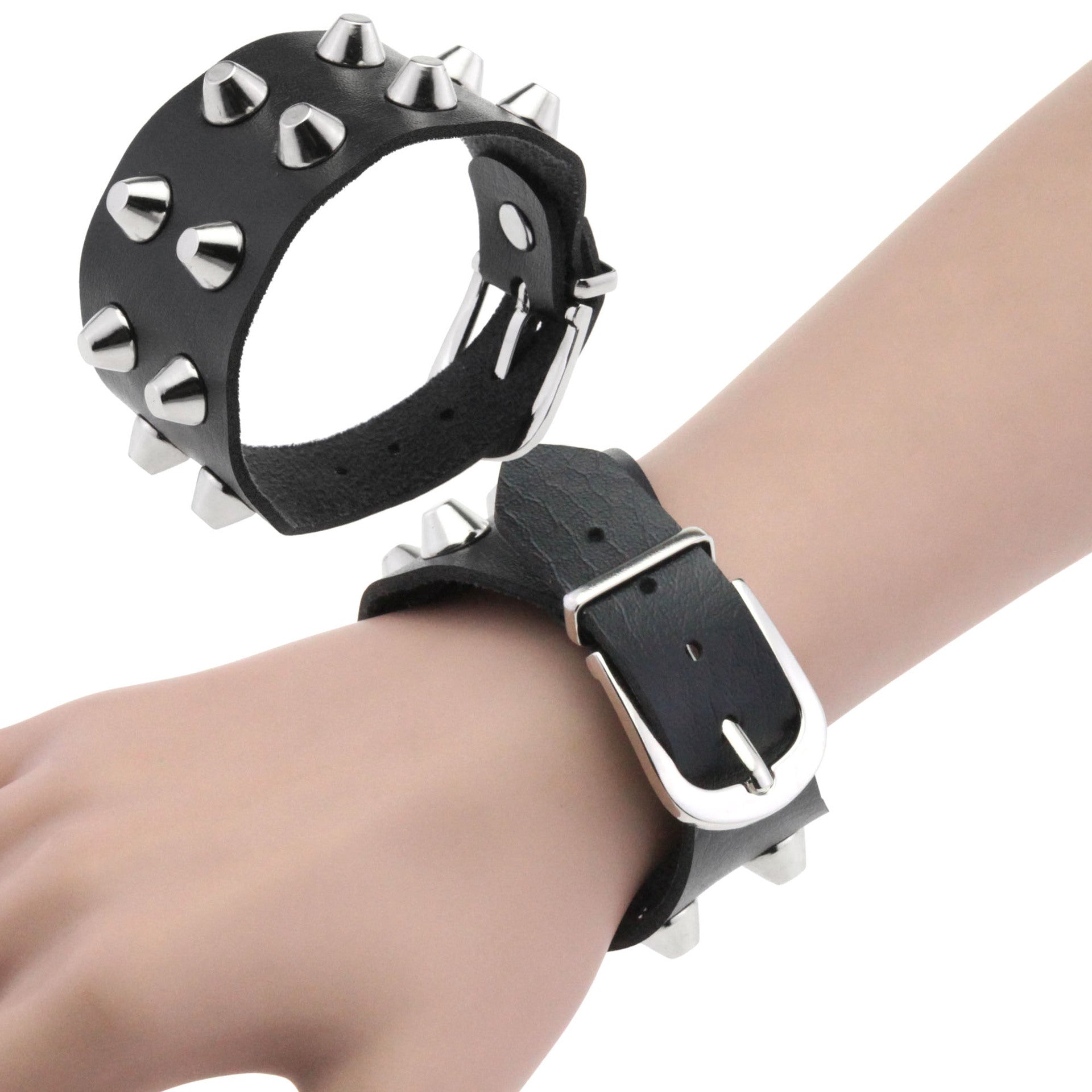 Metal Rock Double Row Flat Rivet Bracelet PU Bracelet