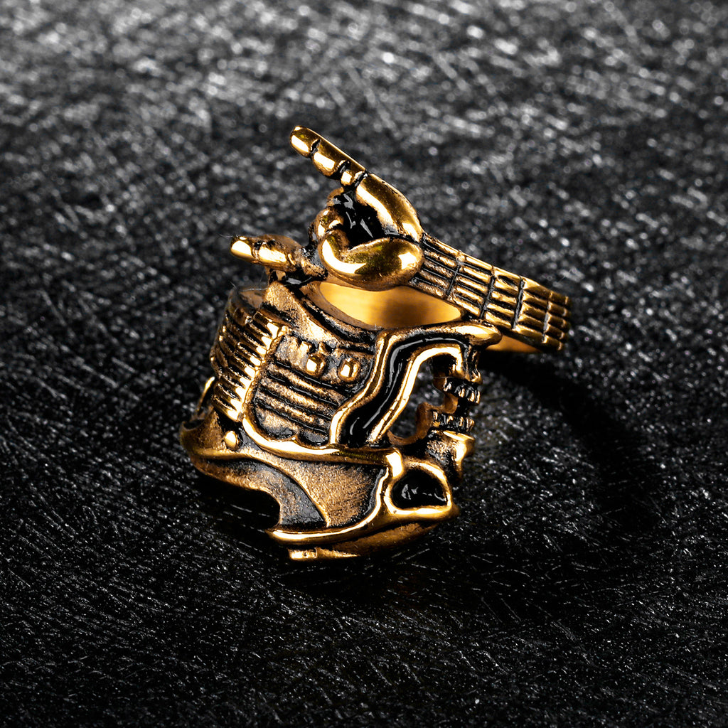 Anillo de acero de titanio para hombre, estilo rock, hip hop, calavera, guitarra, gesto de victoria, instrumento, anillo individual