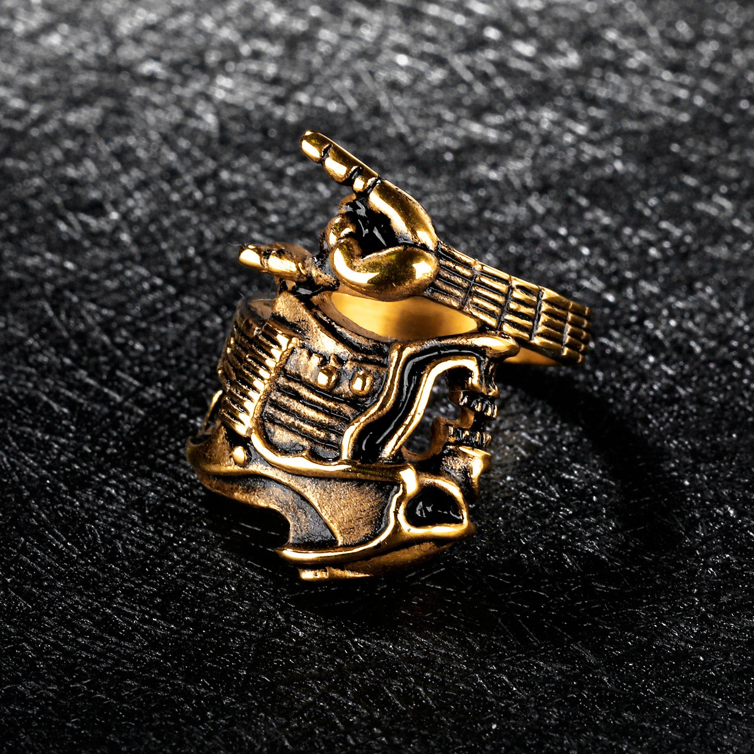 Titanstahl Herrenring Mode Rock Hip Hop Totenkopf Gitarre Siegesgeste Instrument Einzelring