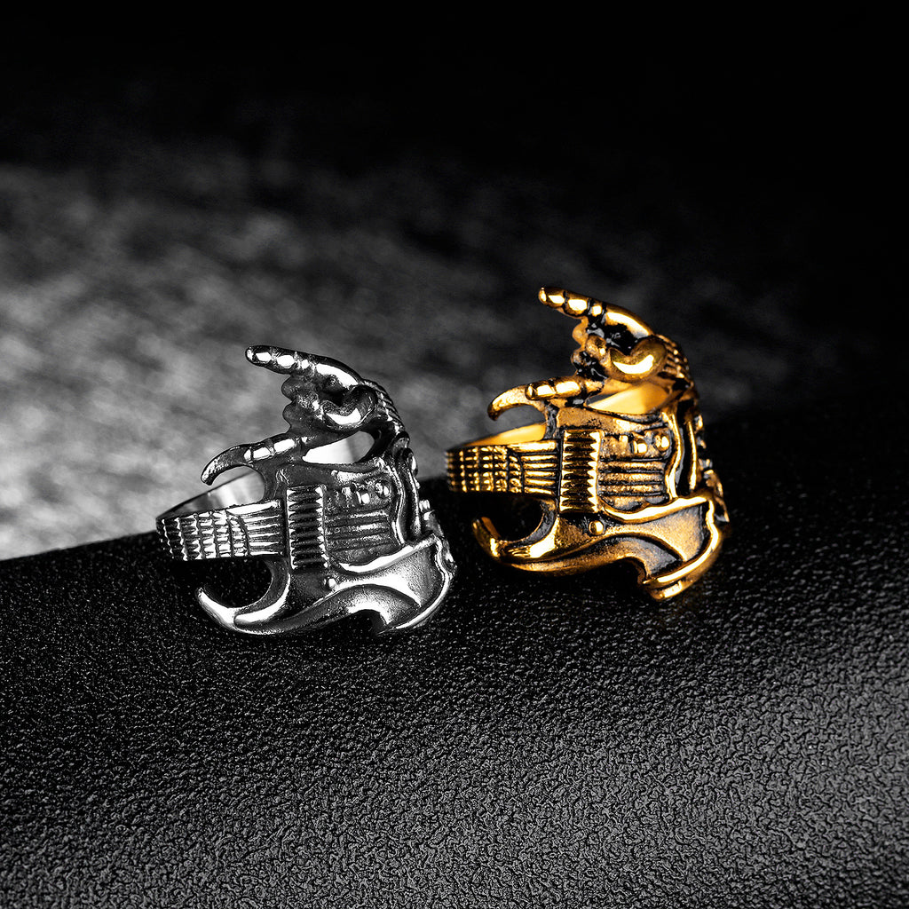 Anillo de acero de titanio para hombre, estilo rock, hip hop, calavera, guitarra, gesto de victoria, instrumento, anillo individual