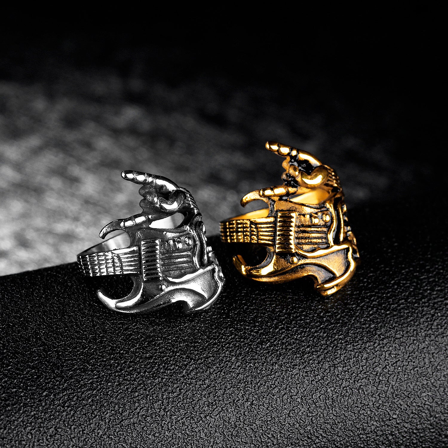 Titanstahl Herrenring Mode Rock Hip Hop Totenkopf Gitarre Siegesgeste Instrument Einzelring