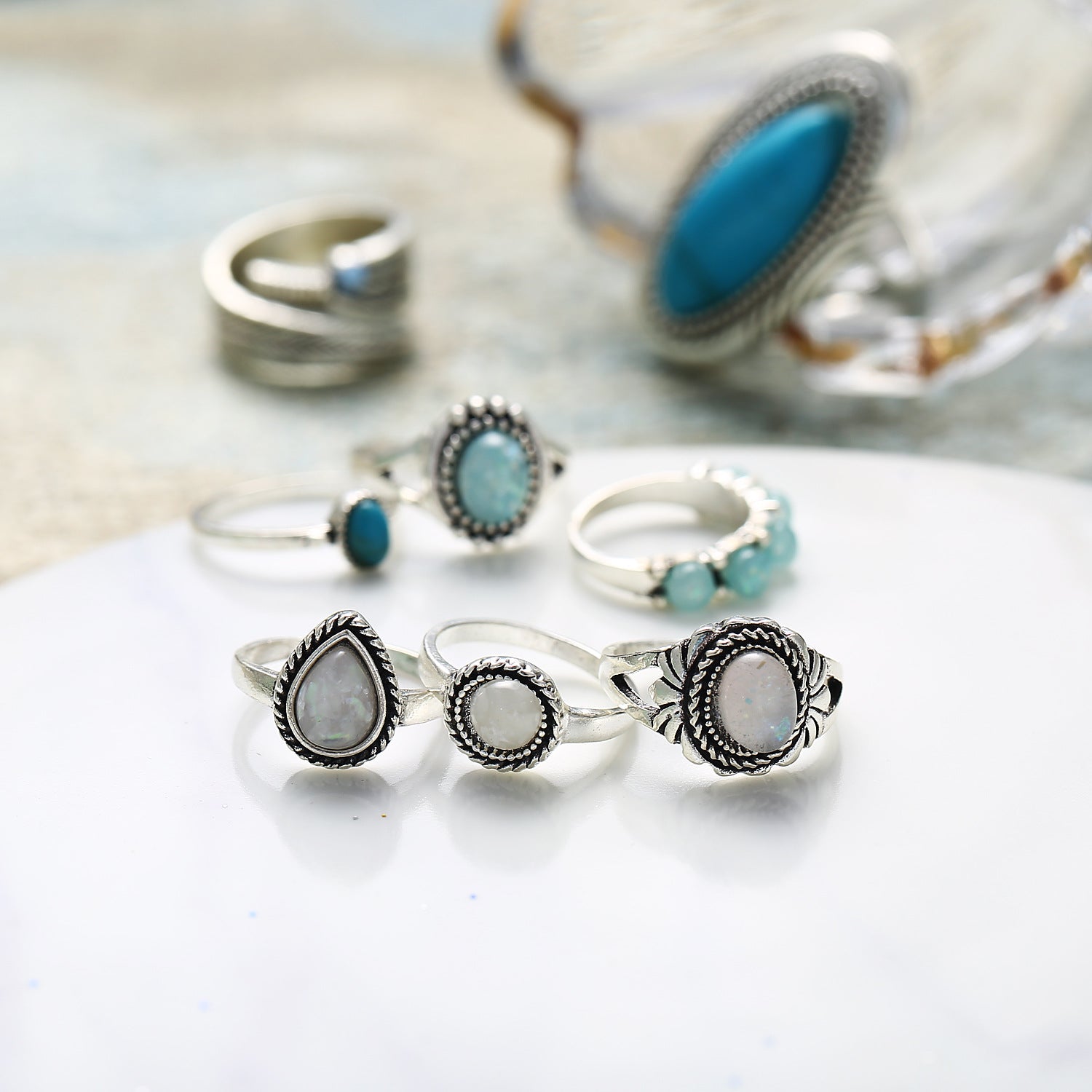 Opalring-Set Türkis achtteilig Schmuck