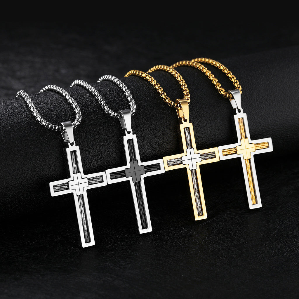 Collar de hombre con cruz de alambre de acero de titanio