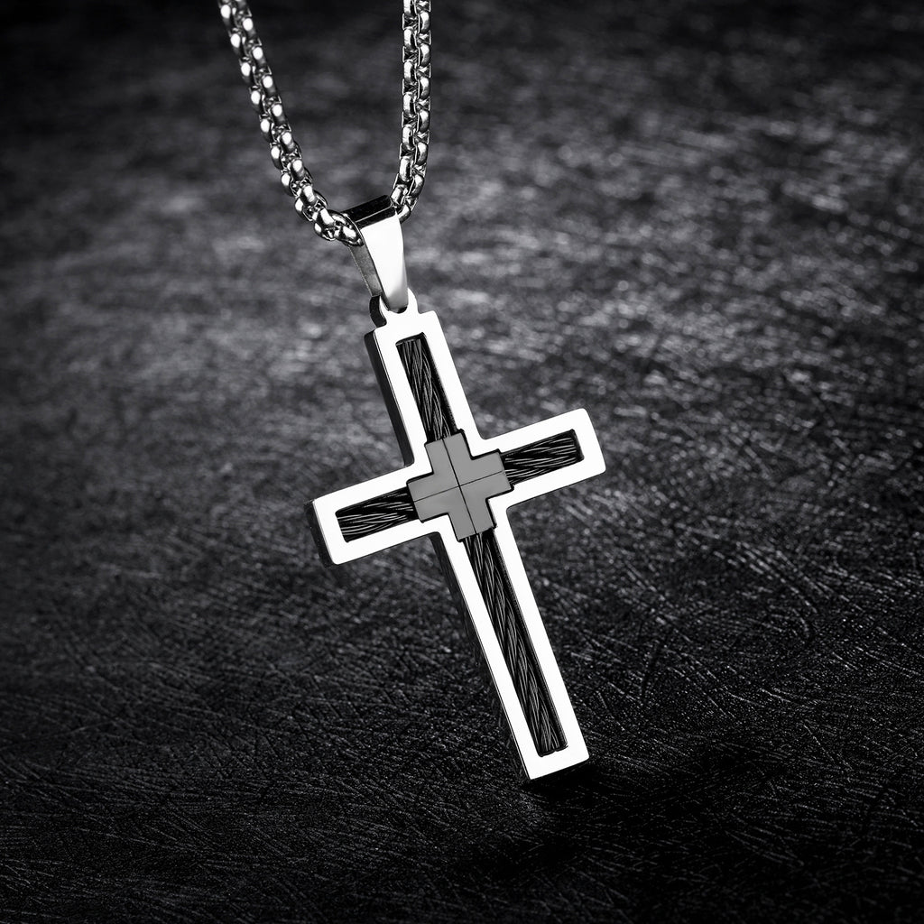 Collar de hombre con cruz de alambre de acero de titanio