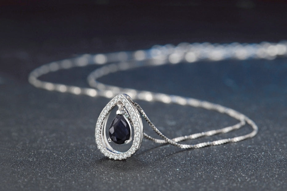 Ladies 925 Sterling Silver Necklace Sapphire Pendant