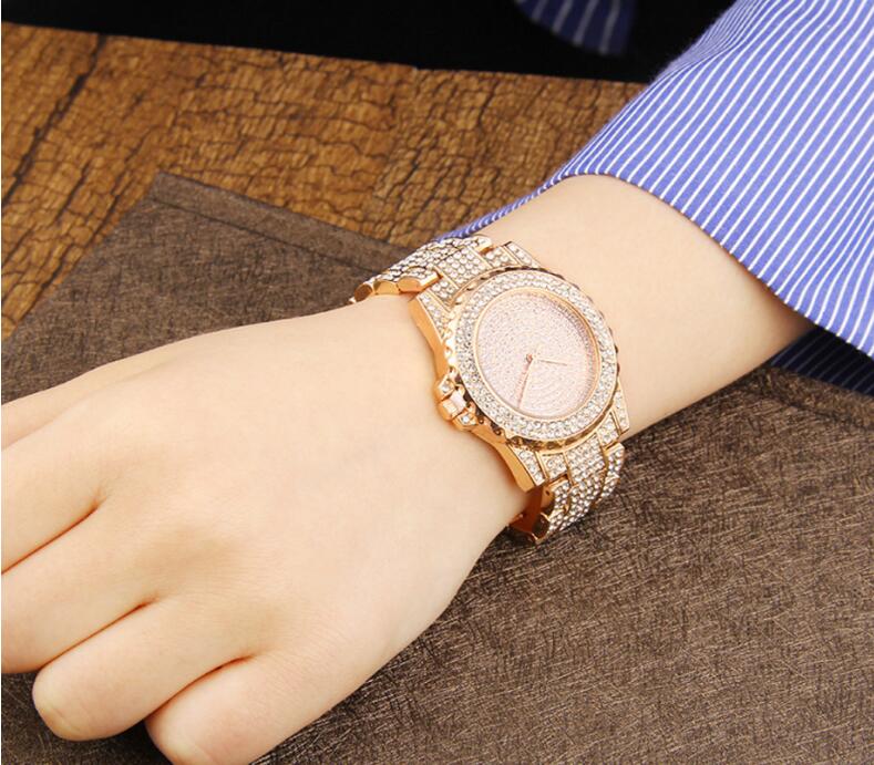 Reloj de cuarzo de oro con cristales y diamantes para mujer, informal y con estilo