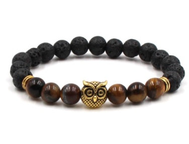 Außenhandel AliExpress meistverkaufte 8mm Naturstein schwarzer Lavavulkanstein Armband Goldlegierung Eule Armband