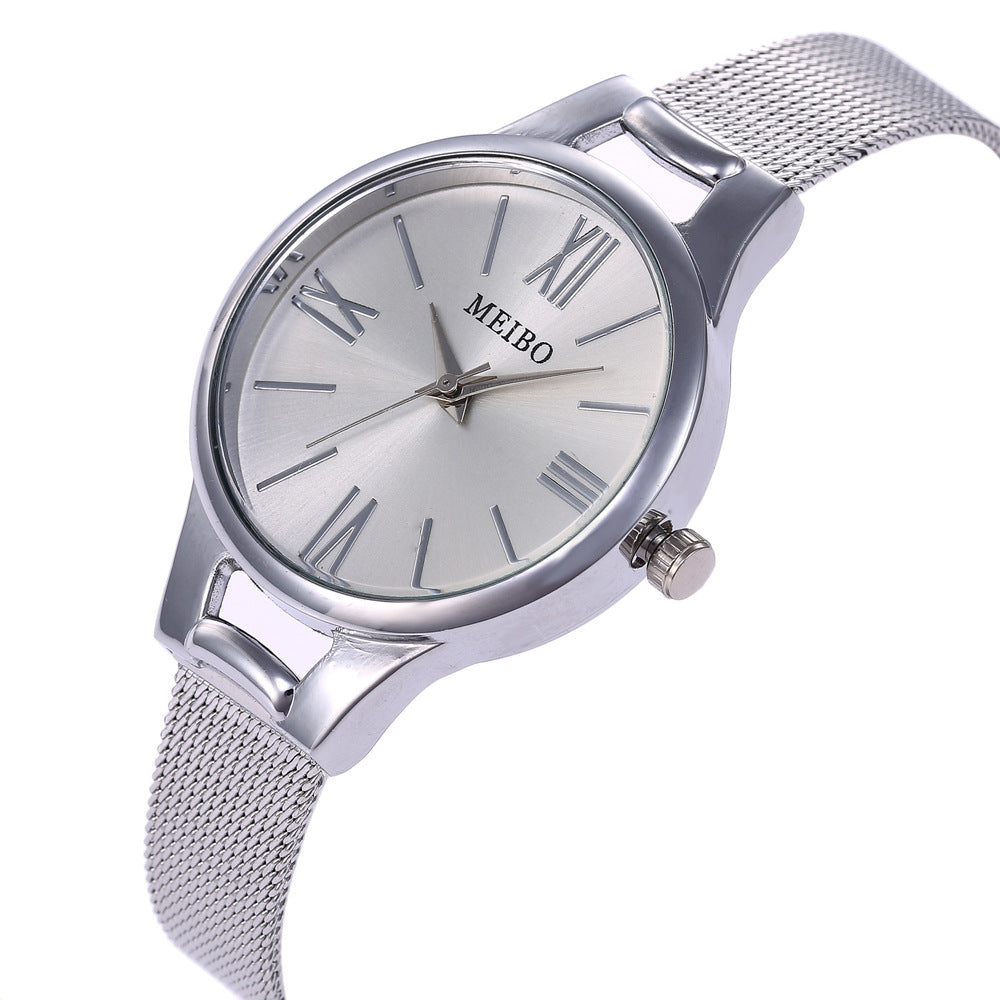 Reloj de malla de acero inoxidable en oro rosa con esfera redonda, hebilla de pasador y cristal, modelo Harmony Sale, para mujer