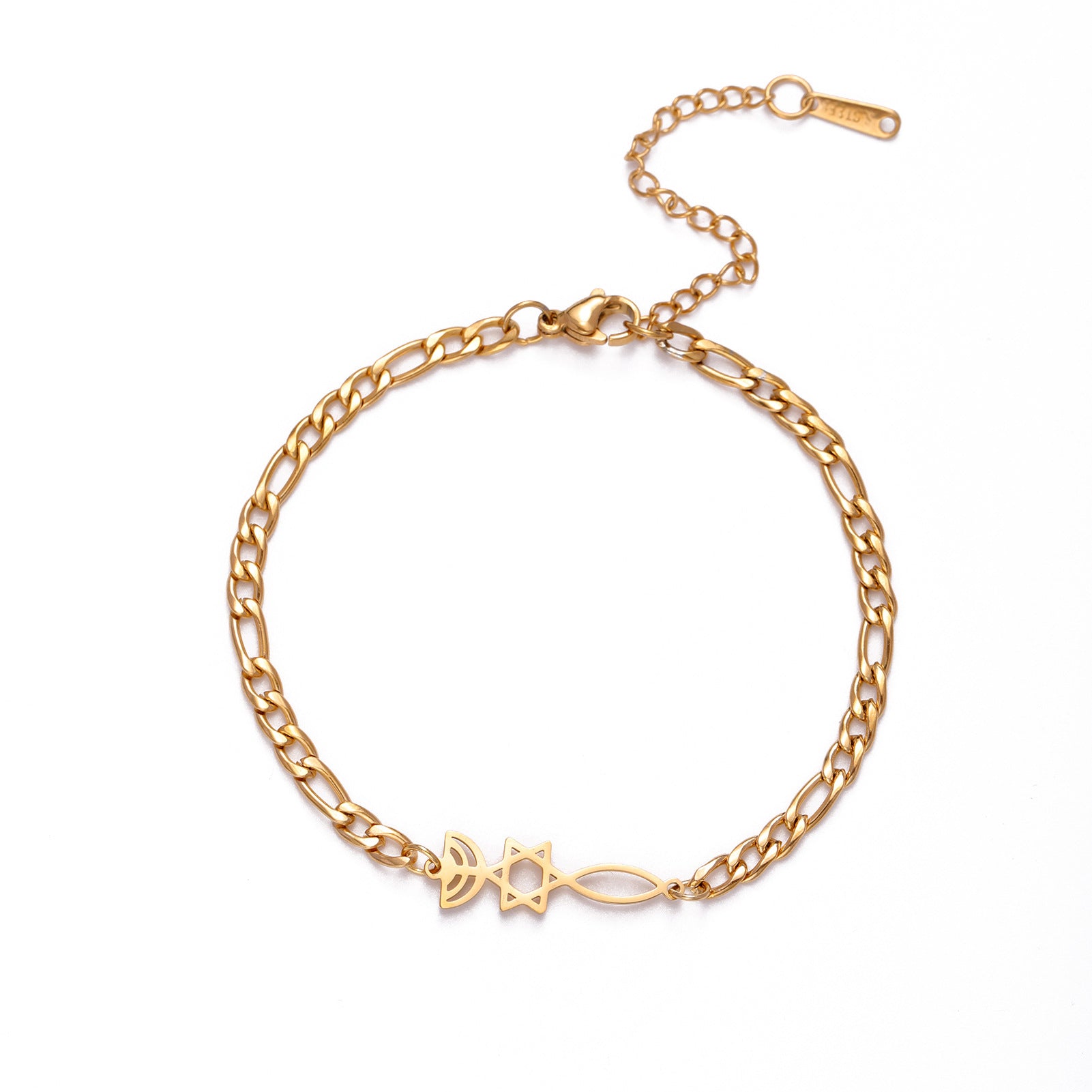 Pulsera de acero de titanio cortado, colgante de pez con estrella de seis puntas hueca