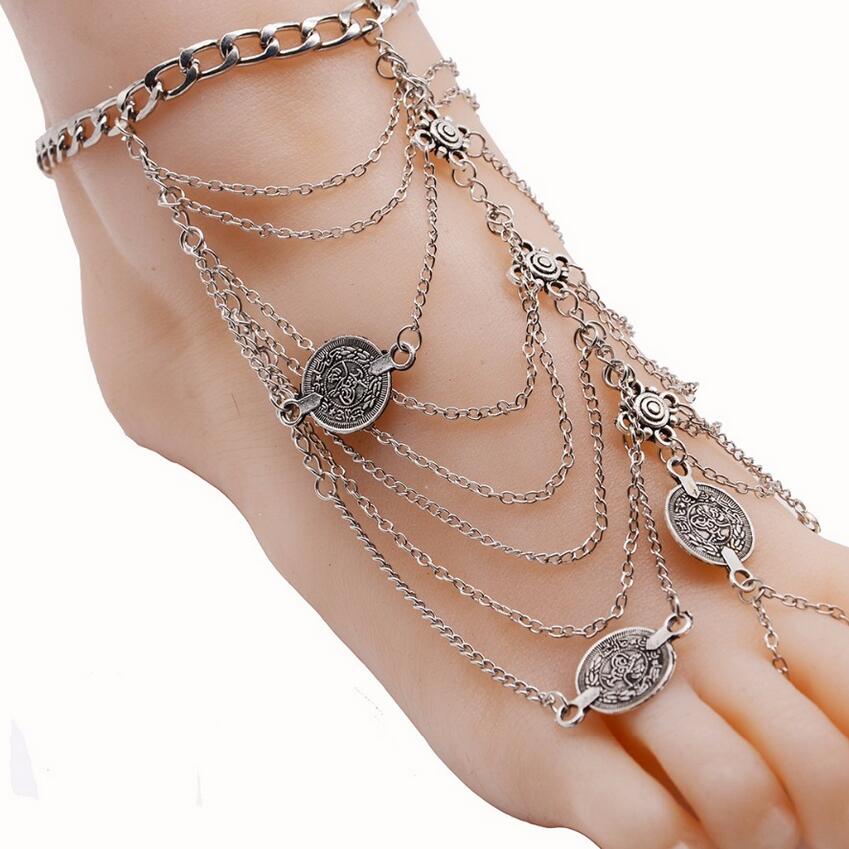 Tobillera sexy de verano con borlas plateadas para mujer, pulsera de tobillo con colgante de moneda, joyería para el pie, sandalia descalza
