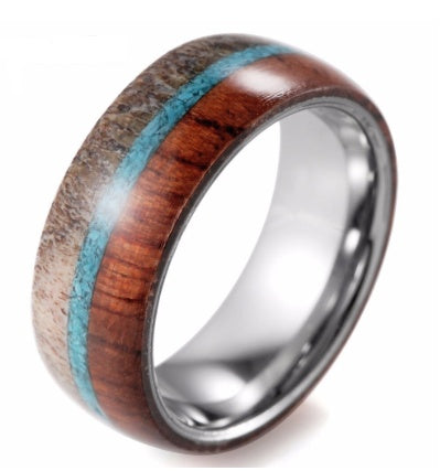 Wolframring mit Holzeinlagen und Wildgeweih für 8mm Mann mit Wölbung von SHARDON