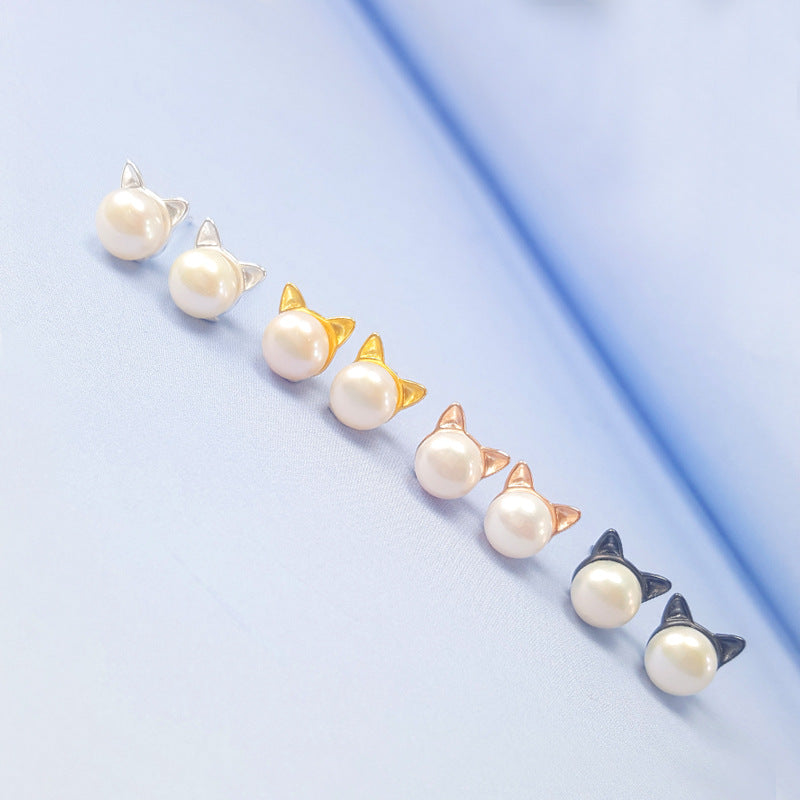 925 Sterling Silber natürliche Süßwasserperle sprießende Katze Katzenohren Ohrringe