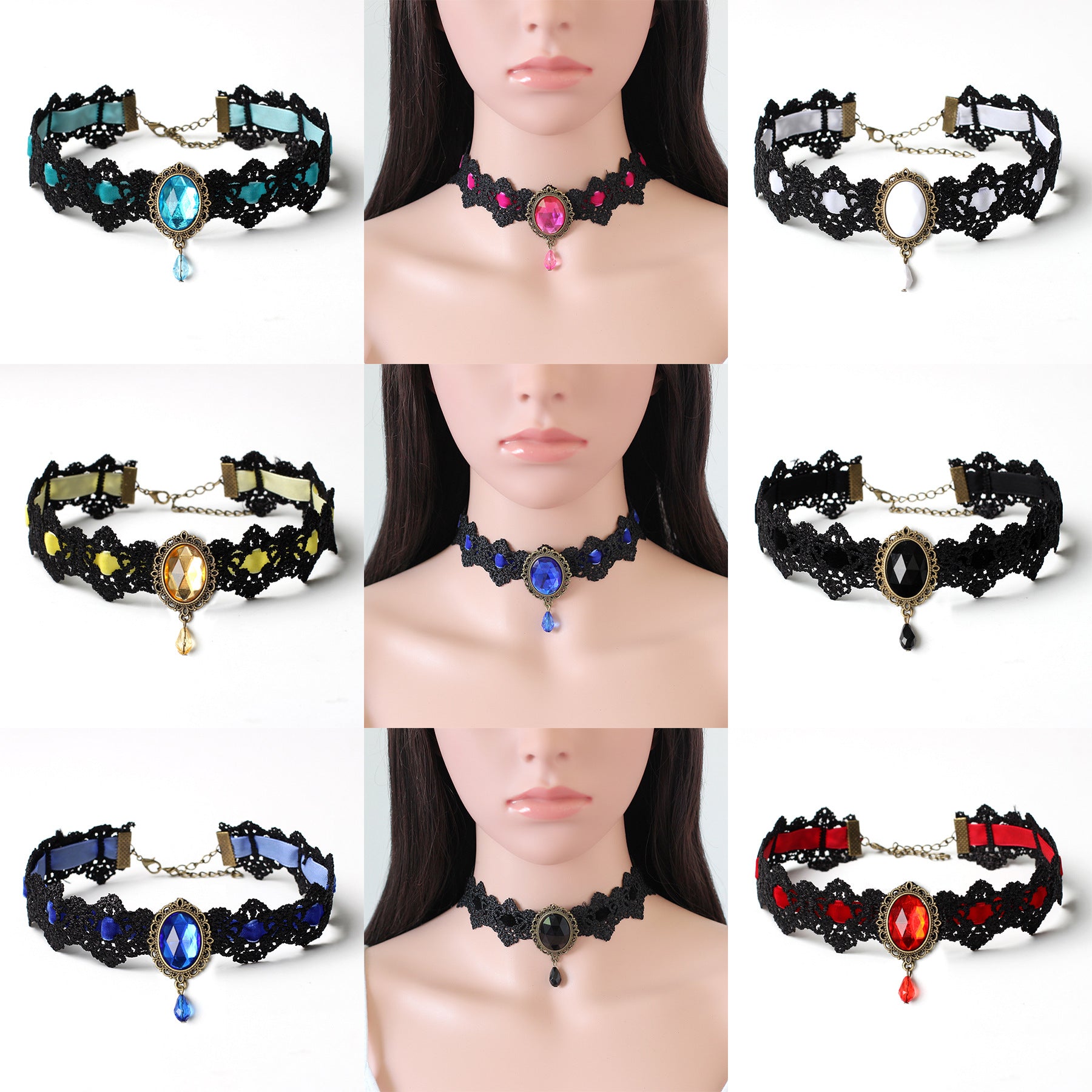 Halloween Kostüm Zubehör Set Siebenfarbige Halsketten Ethno-Stil Accessoires Gothic Choker Spitze Kragen Vintage Edelstein Schlüsselbeinkette