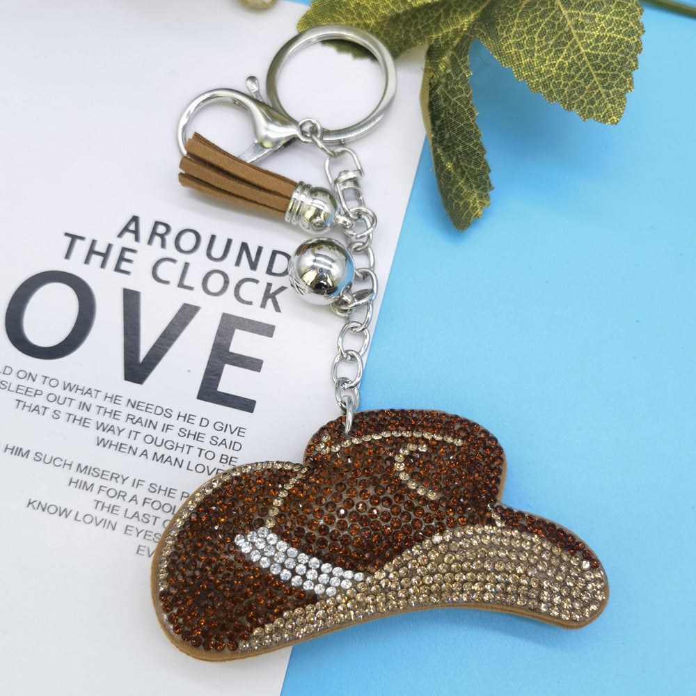 Llavero de sombrero de vaquero con diamantes de imitación y estampado de fotos
