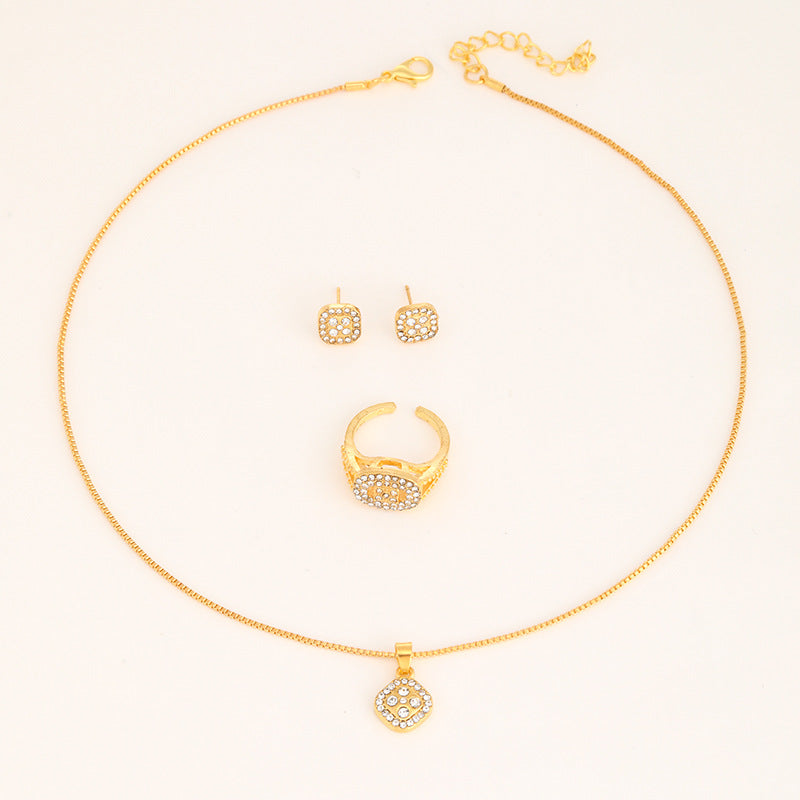 Diamant-Geometrisches-Halskette-Ring-Ohrringe-3-teiliges Set