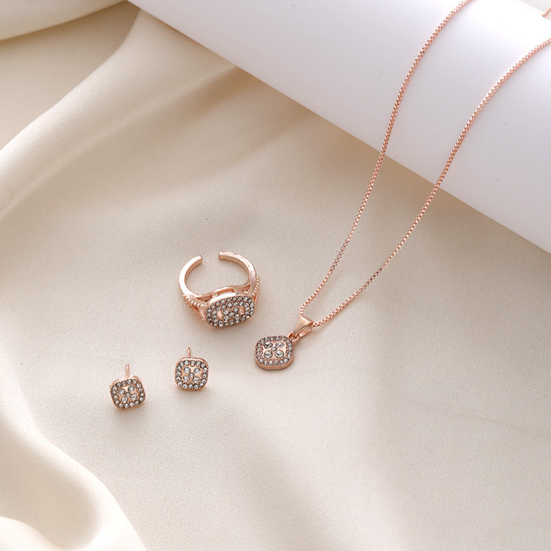 Diamant-Geometrisches-Halskette-Ring-Ohrringe-3-teiliges Set
