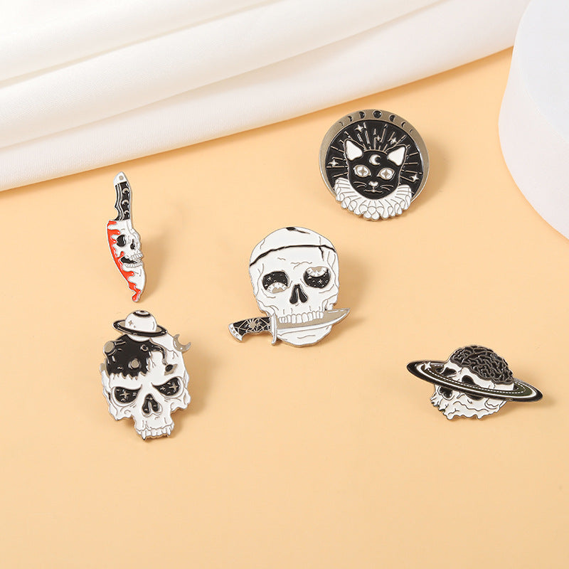 Broche de Calavera, Cabeza de Gato Negro, Insignia de Metal Horripilante