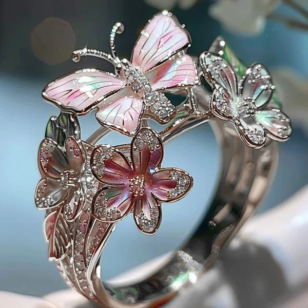 Anillo de mujer de mariposa y flor con aceite goteante, con incrustaciones de cristal 3D brillante, elegante, ajustable y transparente, chapado en oro, con diseño de animales e insectos, estilo estético, joyería de moda