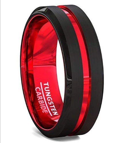 Anillo de carburo de tungsteno para hombre de 8 mm, negro y rojo, acabado mate y bordes biselados