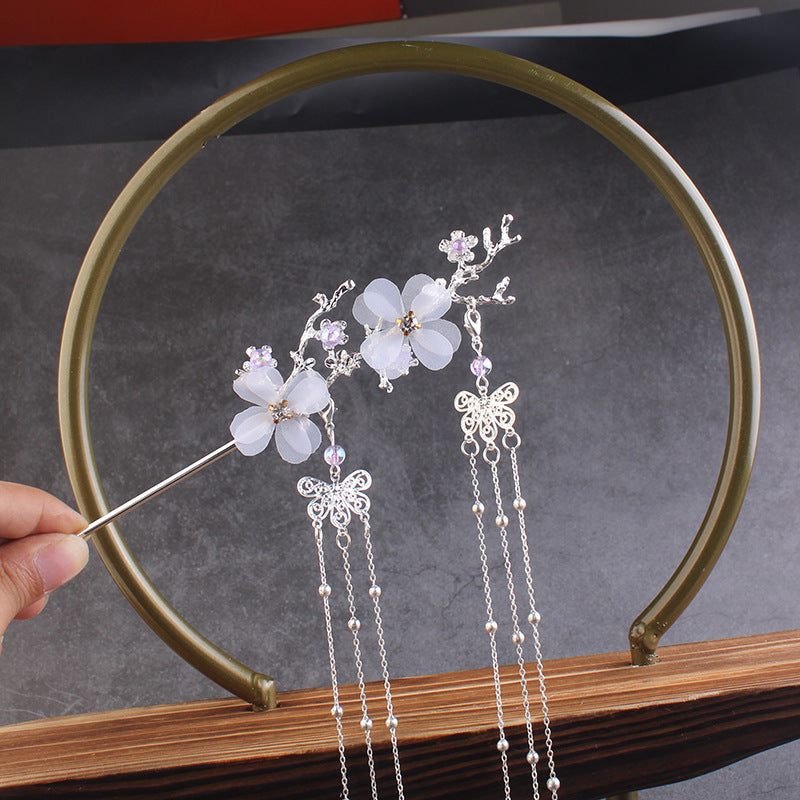 Accesorios para el cabello estilo antiguo Hanfu Horquilla con borla de rama de flor de ciruelo Taladro de flor blanca