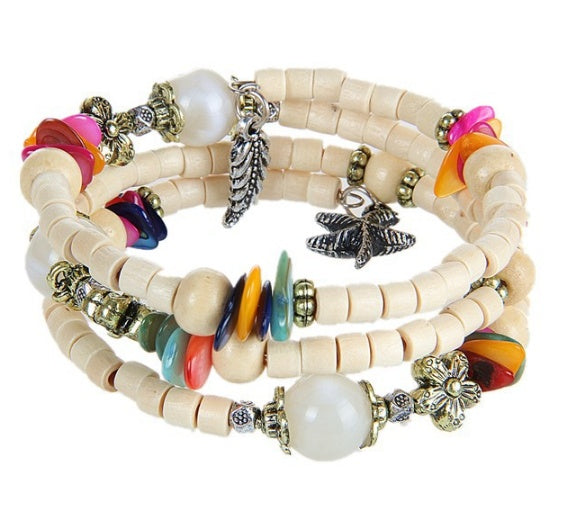 Nationaler Vintage-Holzarmreif aus buddhistischen Perlen, Muschel, Seestern-Anhänger, Holzarmband, Damenstil, Holzperlenarmband