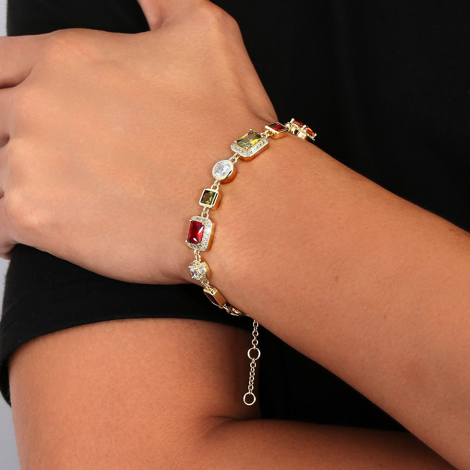 Vintage 18K Gold Plated Gemstone Hand Chain Multi Colored Gem Stone JEWELRY Cubic Zirconia Colorful CZ Bracelet For WOMEN MEN