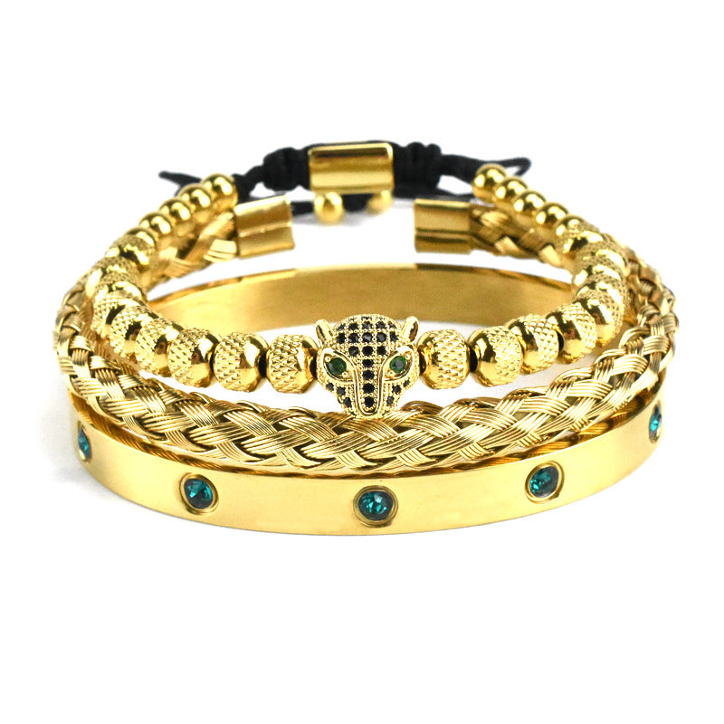 Pulsera Microincrustada Cabeza de Leopardo Ojo Verde Acero Inoxidable Zircón Verde Diez Diamantes