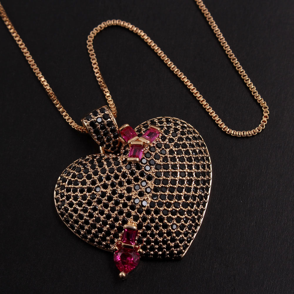 Collar AAA de circonita completa para mujer, chapado en oro real, cobre, corazón de melocotón, joyería