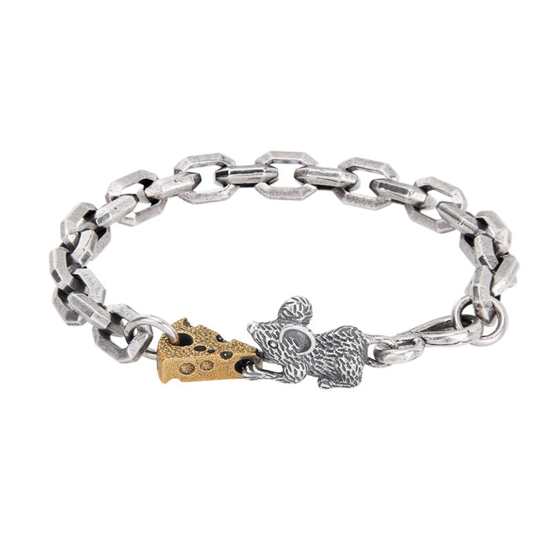 Pulsera de ratón vintage envejecida de plata de ley