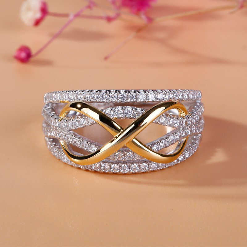 Einfacher Ring im Trenty-Stil mit zweifarbiger runder Zirkonia-Schleife aus Kupfer für Damen, Hochzeit, Verlobung, Schmuck-Accessoires