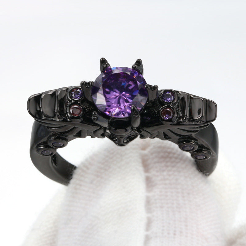 Vintage schwarzer Emaille Ring Lila Zirkon Schwarzgold Schmuck