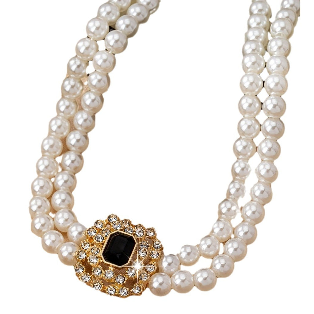 Stilvolles elegantes Doppelreihen-Perlen-Quadrat-Diamant-Halsketten-Ohrringe-Set