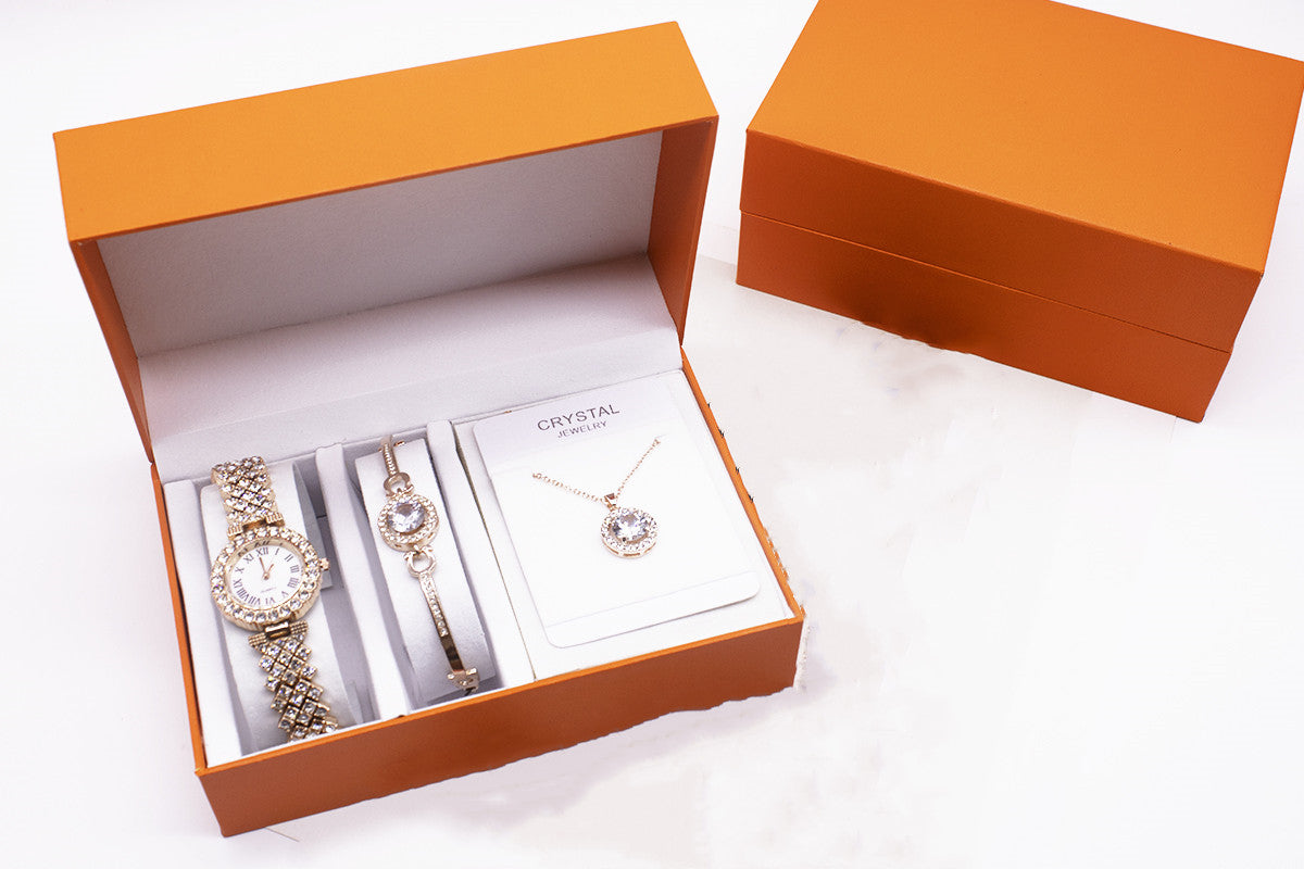 Juego de reloj de 3 piezas con pedrería, pulsera y collar