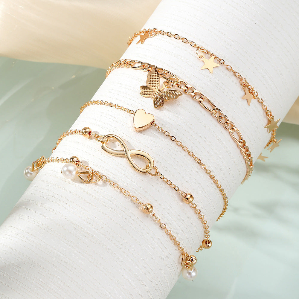 Best Seller In Europe And America Butterfly Pearl Heart Anklet 4-piece Set Multi-layer