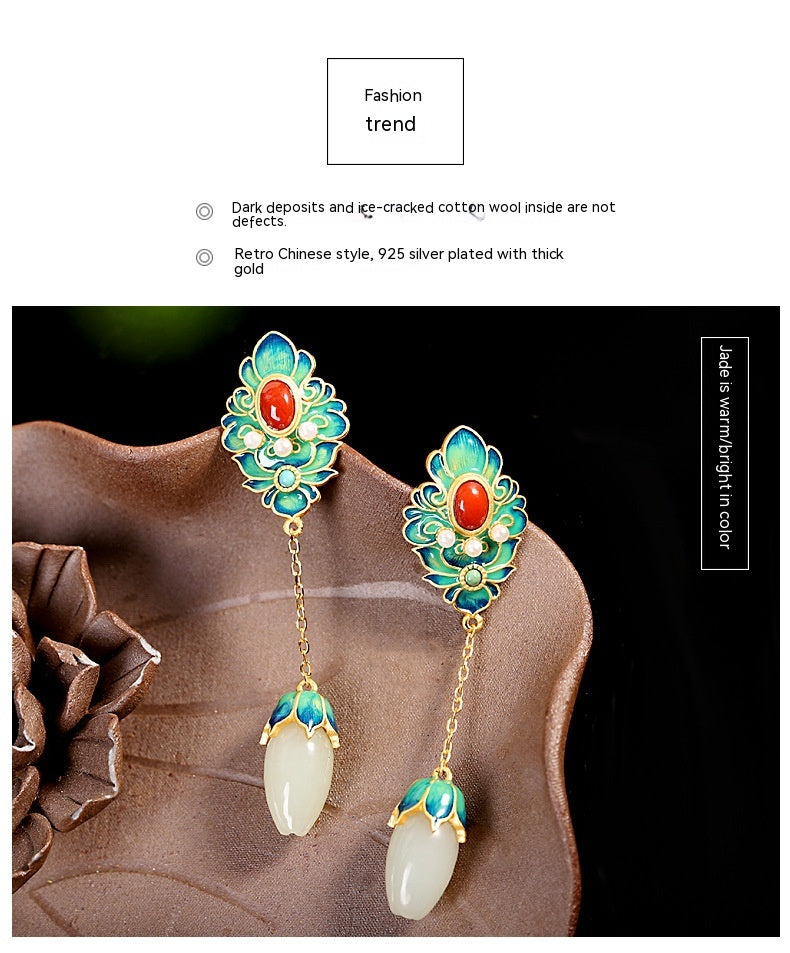 Pendientes de flor de plata S925 con incrustaciones de jade blanco Hetian