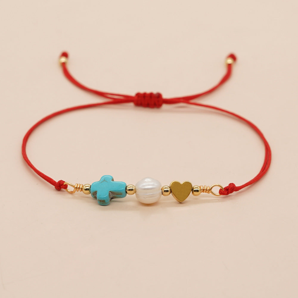 Blue Pine Cross Peach Heart Pearl Carrying Strap