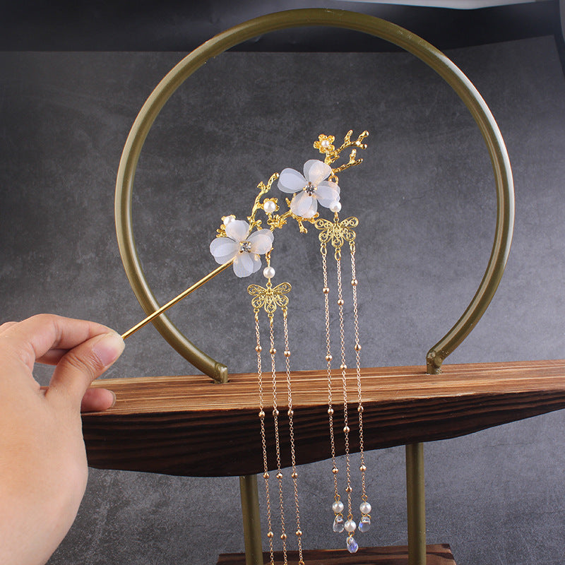 Accesorios para el cabello estilo antiguo Hanfu Horquilla con borla de rama de flor de ciruelo Taladro de flor blanca