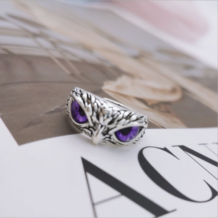 Anillo de búho con ojo de demonio vintage a la moda para mujer, anillo de animales retro, joyería de color plateado