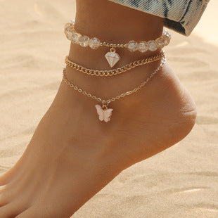 Tobillera de playa con mariposa de doble capa para mujer
