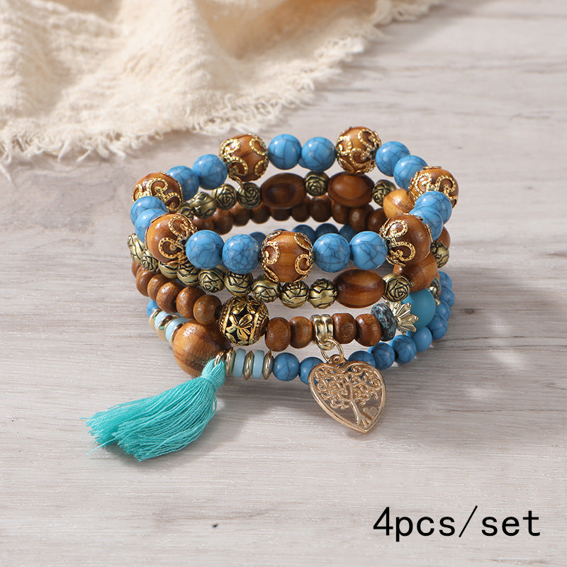 Pulsera Bohemia de Cuentas de Madera de Múltiples Capas