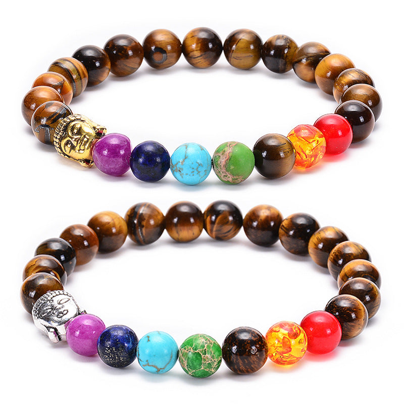Pulsera de cuentas de ojo de tigre de piedra de lava natural con siete chakras curativos