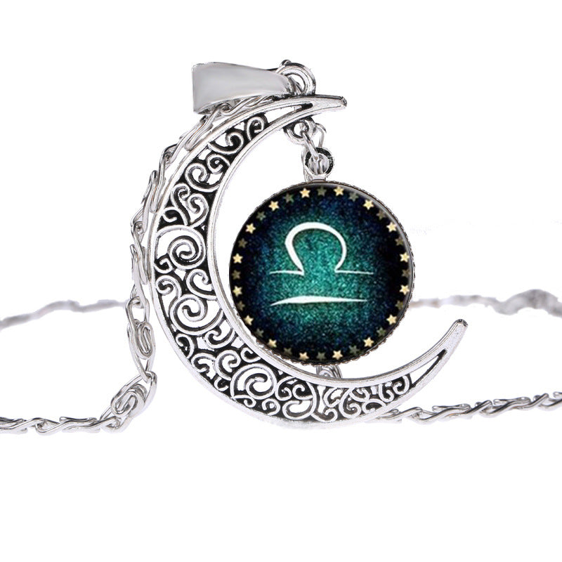 Vintage Schmuck Silberfarben mit Sternzeichen Glas Cabochon Choker Halbmond Anhänger Lange Halskette für Damen Weihnachtsgeschenk