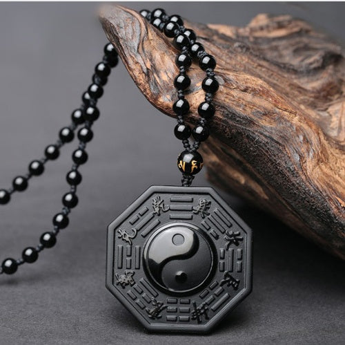 Obsidian Anhänger Yin Yang Fisch Fünf Elemente Amulett Herren und Damen Halskette