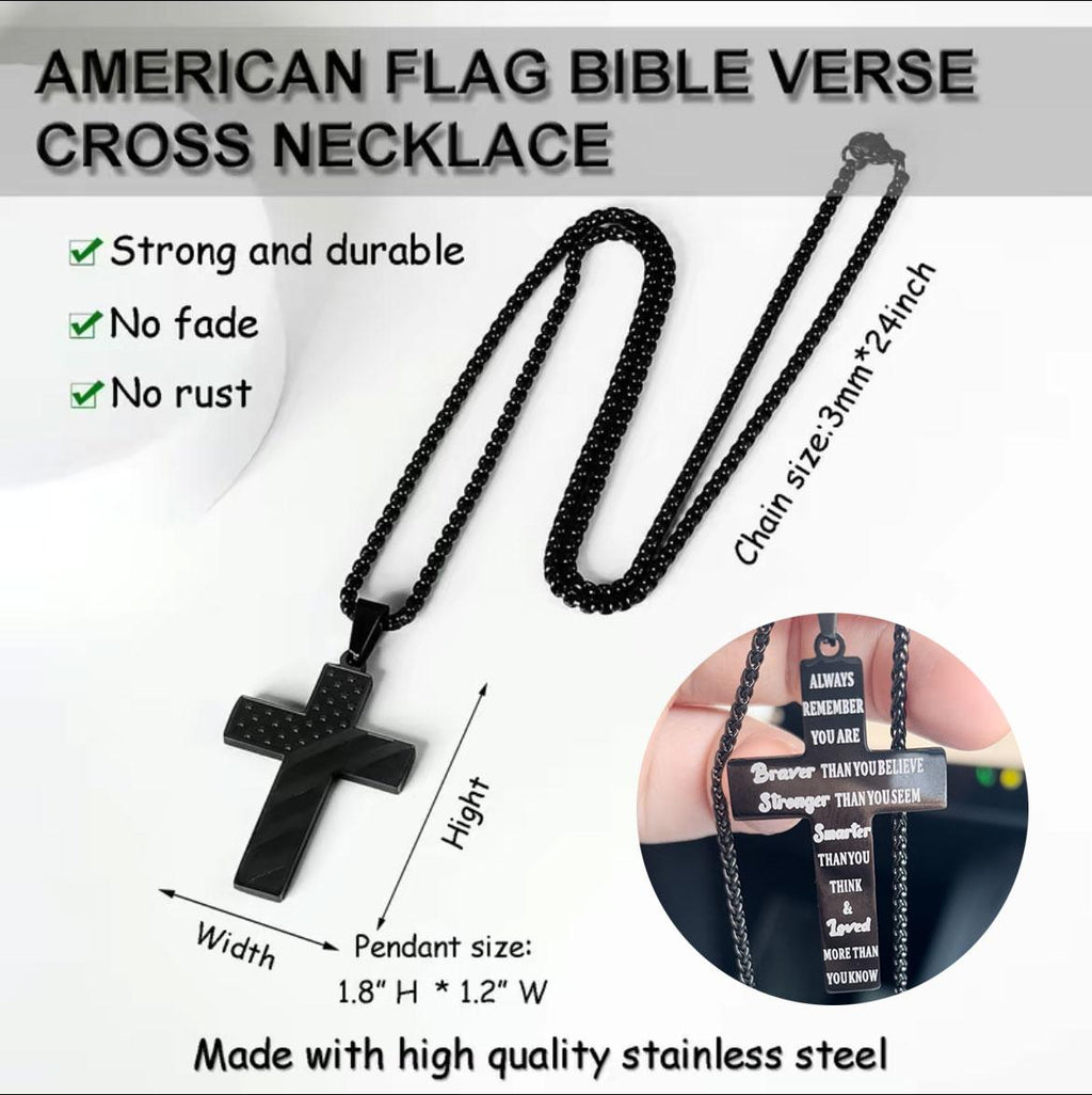 Kreuzkette mit Bibelvers-Anhänger und amerikanischer Flagge – Herrenschmuck aus Edelstahl – Glaubensinspiriert, mutig und patriotisch – Geschenk für Ihn